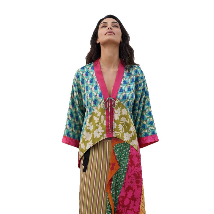Women's Patchwork Kimono Top made of silk blend with deep V-neck and tie belt Amarae