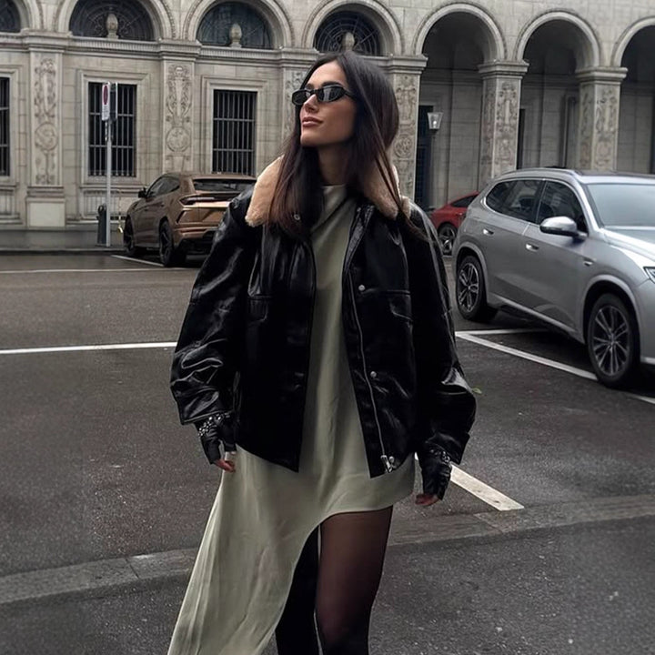 Women's Shiny Oversized Faux Leather Bomber Jacket with Voluminous Faux Fur Collar Amarae