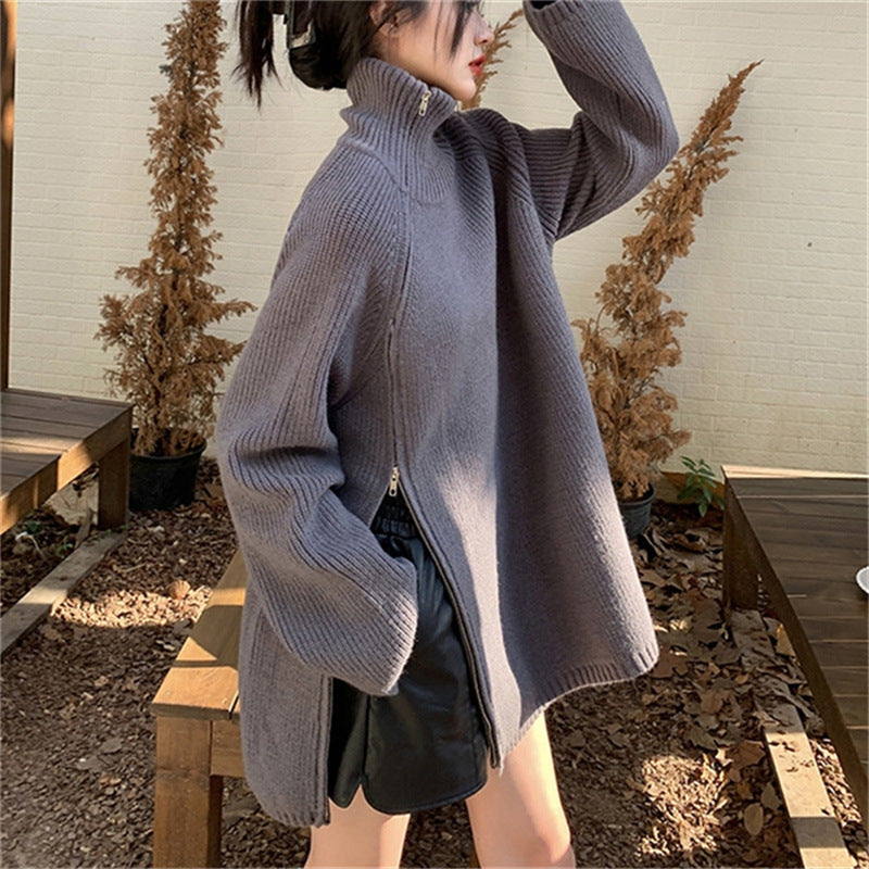 Sweater oversized à col roulé pour femmes avec fermeture éclair latérale et design côtelé Chic & Stil