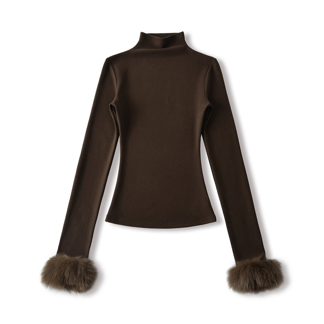 Women's Fitted Turtleneck Top with Faux Fur Cuffs Amarae