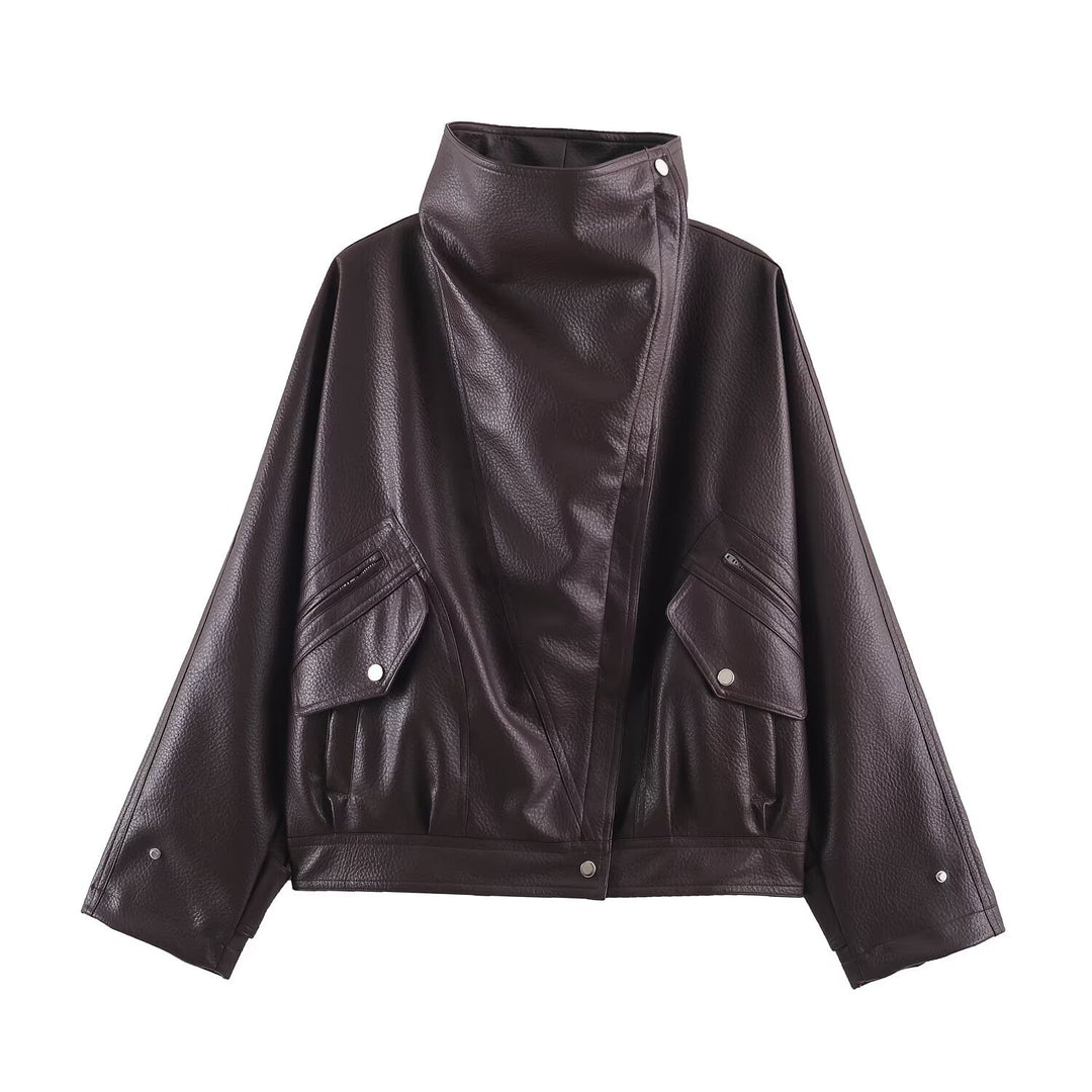 Women's Oversized Faux Leather Cape Jacket with High Standing Collar and Flap Pockets Amarae