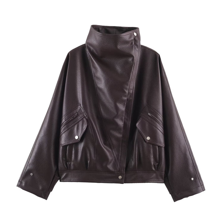 Women's Oversized Faux Leather Cape Jacket with High Standing Collar and Flap Pockets Amarae