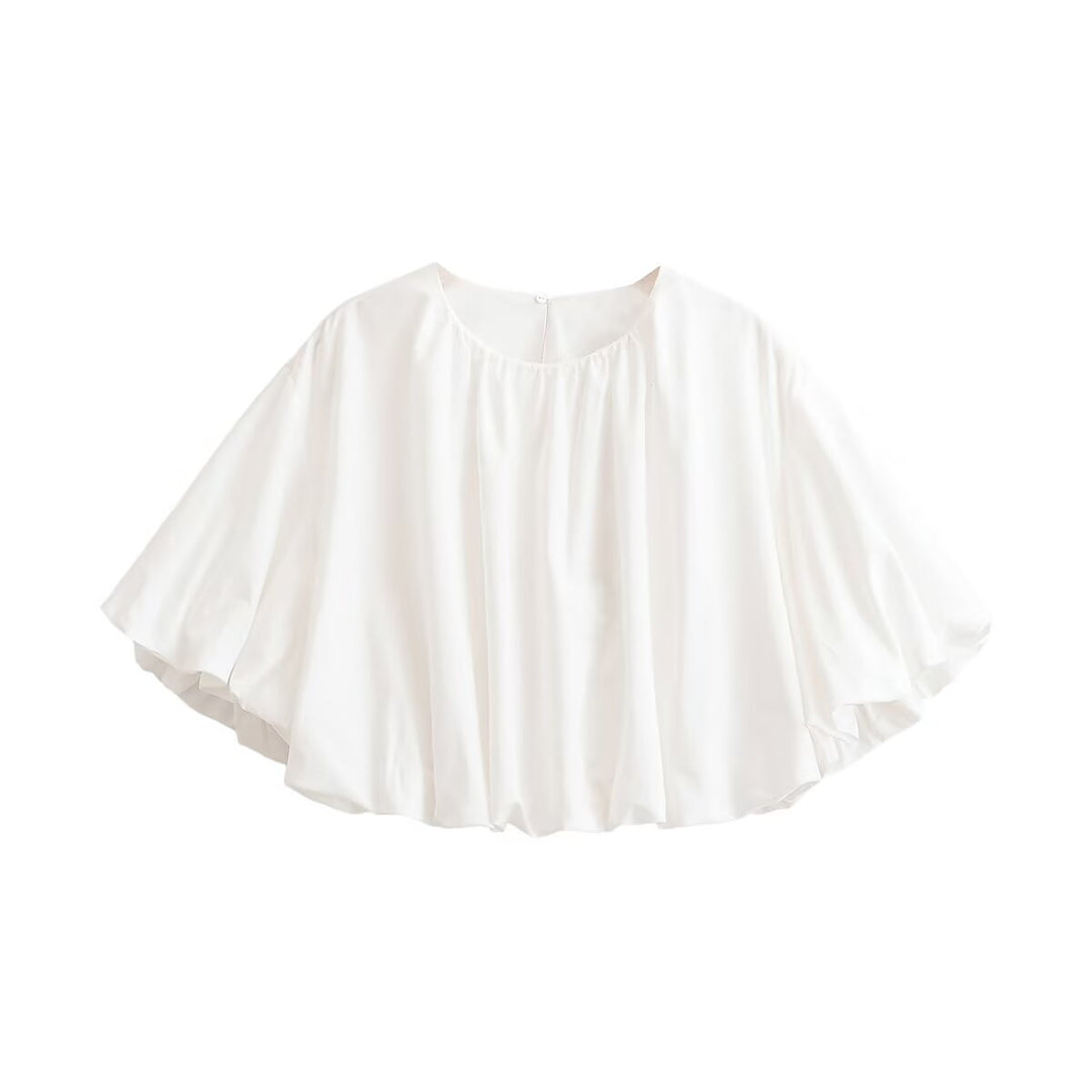 Women's loose cape top made of flowing satin with round neck