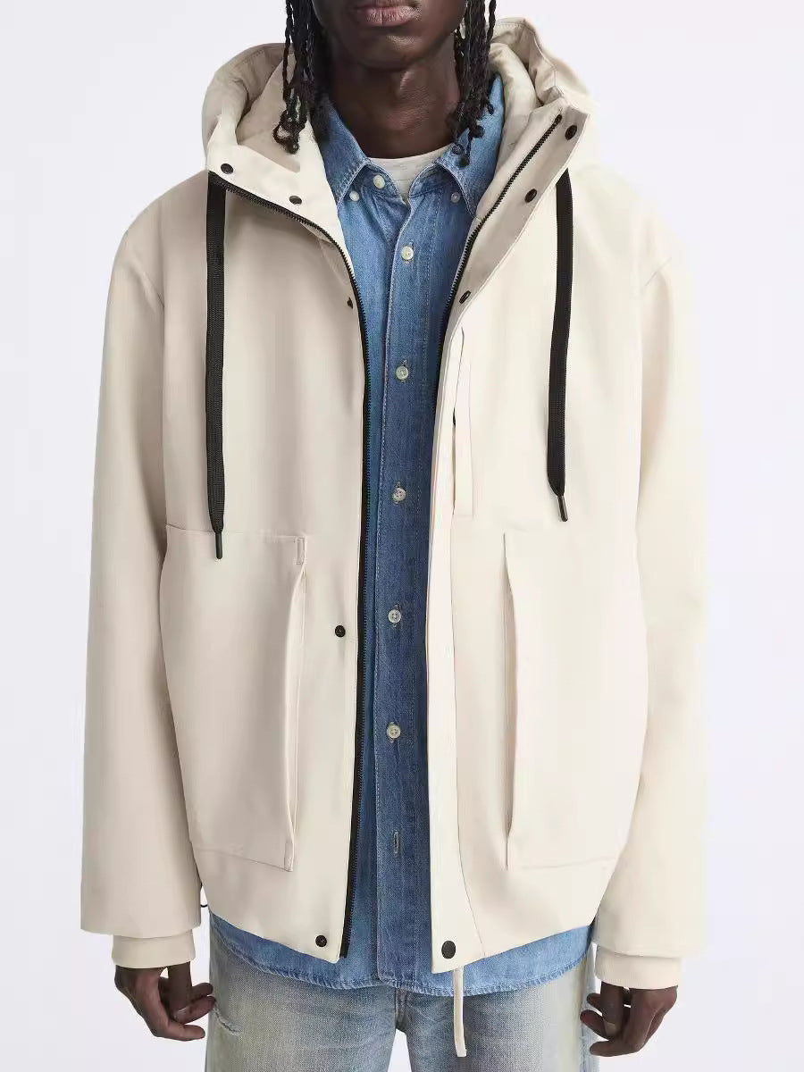 Men's water-repellent hooded jacket in boxy cut with concealed zipper placket and extra large pockets Amarae