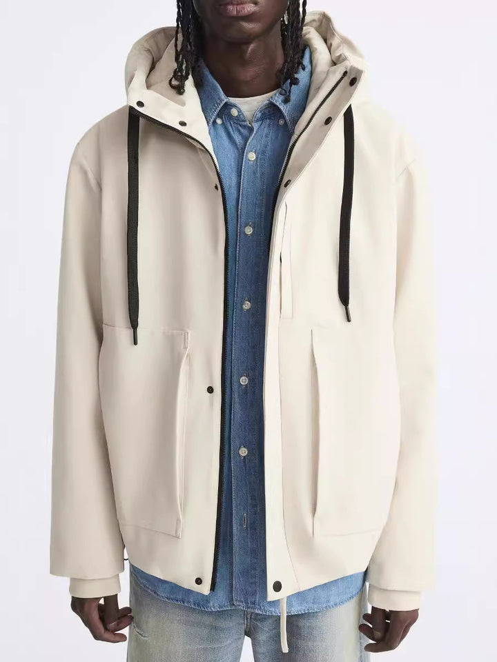 Men's water-repellent hooded jacket in boxy cut with concealed zipper placket and extra large pockets Amarae