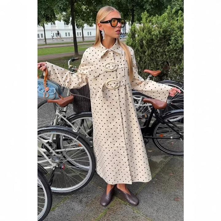 Women's Long Polka Dot Trench Coat with Oversized Lapels and Decorative Eyelets Amarae