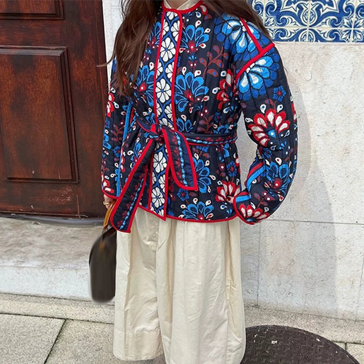 Women's Tailored Quilted Jacquard Cotton Jacket with Folk Floral Pattern & Tie Belt Amarae