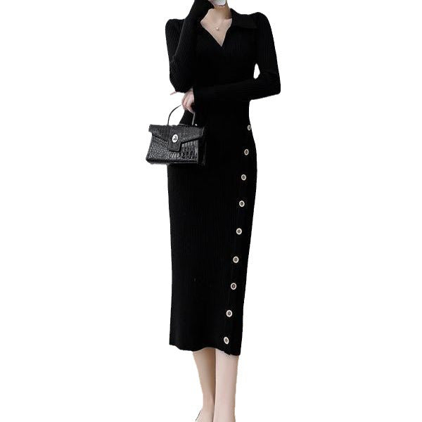 Robe Tricotée Élégante pour Femme en Style Wrap avec Détails de Boutons et Texture à Fines Côtes Chic & Stil