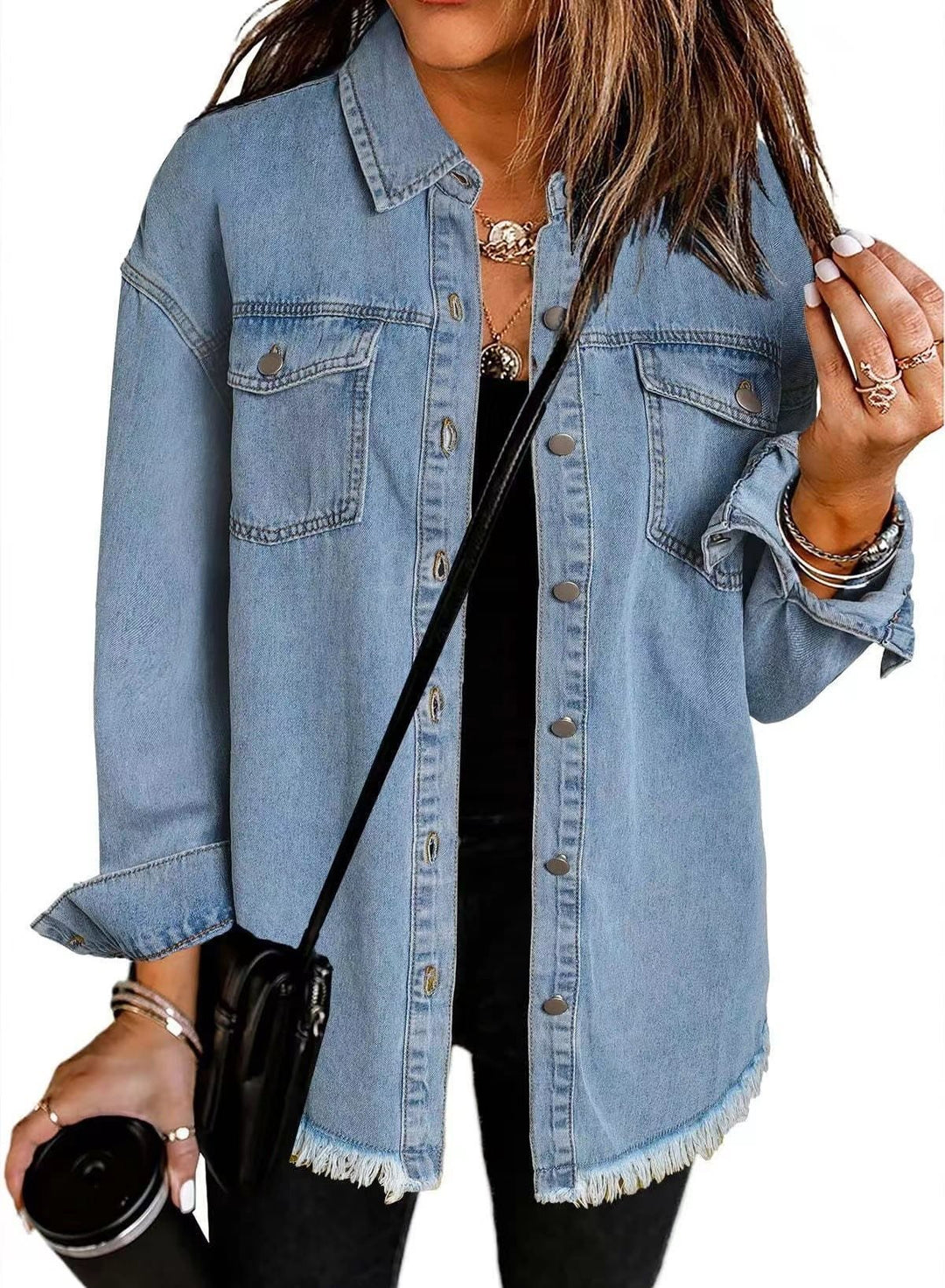 Casual denim jacket for women with frayed hems and patch pockets Lune London