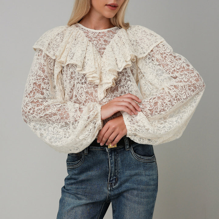 Blouse for women with voluminous ruffles and lace pattern Lune London