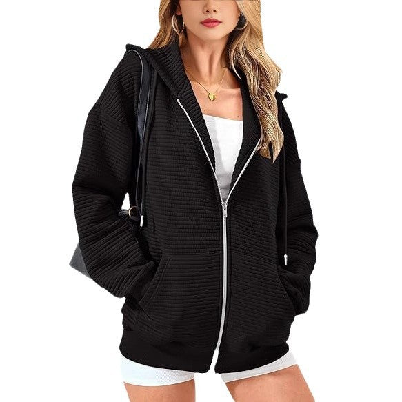 Ladies stylish hooded jacket with textured design and zipper Amarae