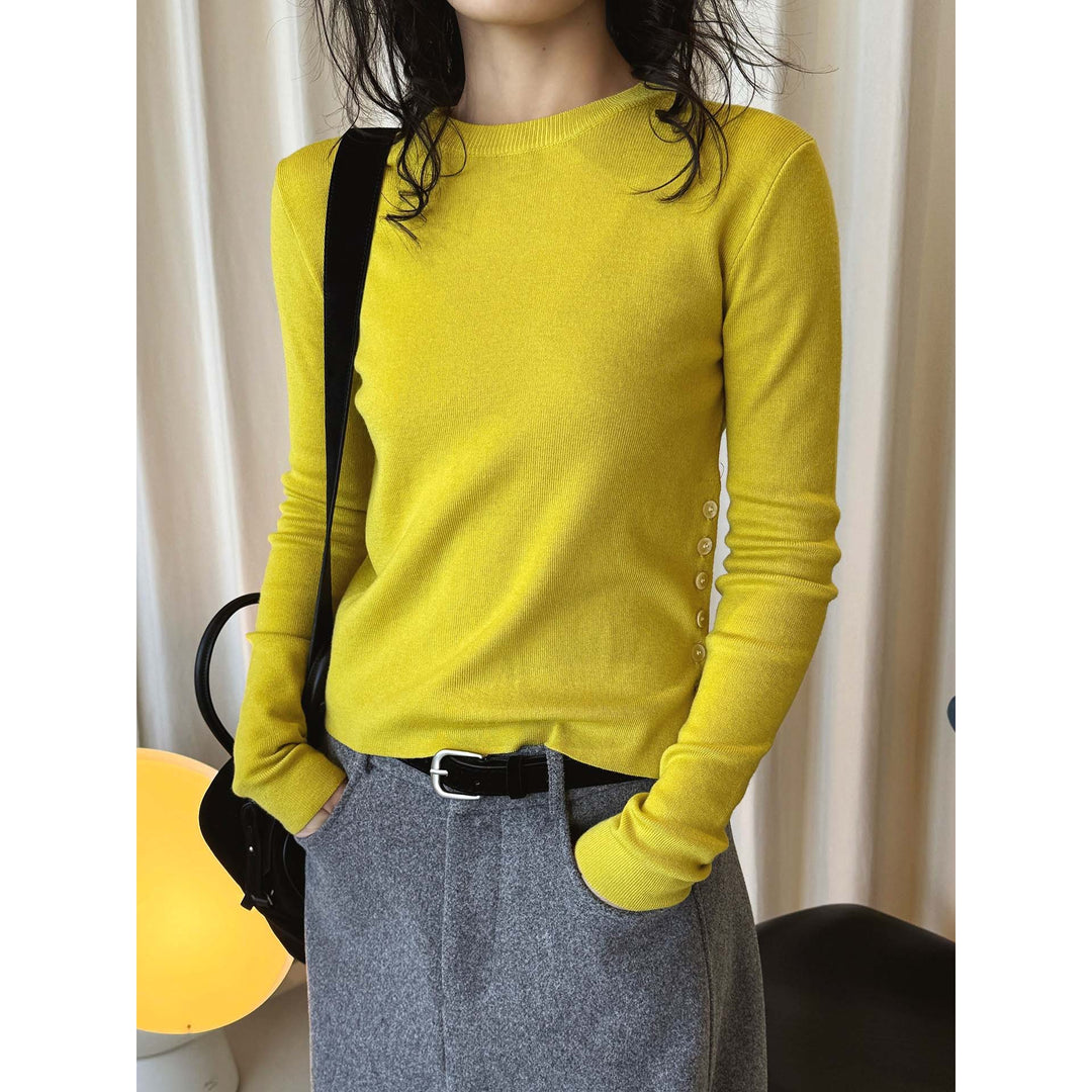 Women’s Figure-hugging Fine Knit Sweater with Round Neck and Decorative Side Button Placket Amarae
