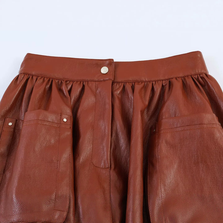 Women’s Short Balloon Skirt made of Faux Leather with High Waist and Patch Pockets Amarae