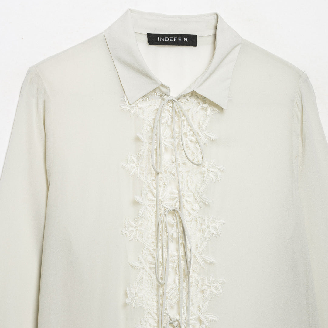 Women Romantic Chiffon Blouse with Lace Application, Ruffle Hem and Ties Amarae