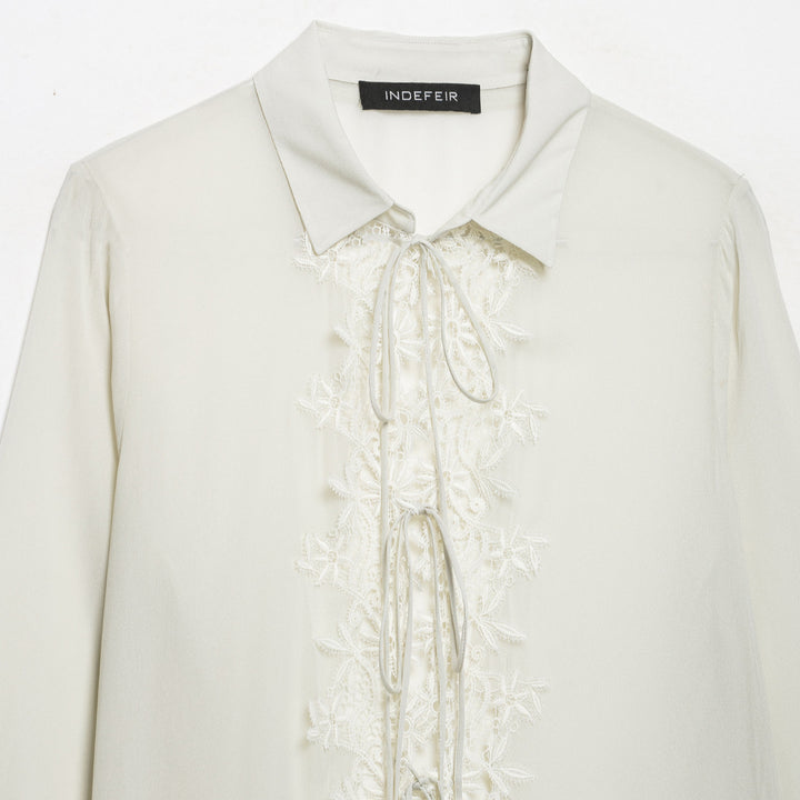 Women Romantic Chiffon Blouse with Lace Application, Ruffle Hem and Ties Amarae
