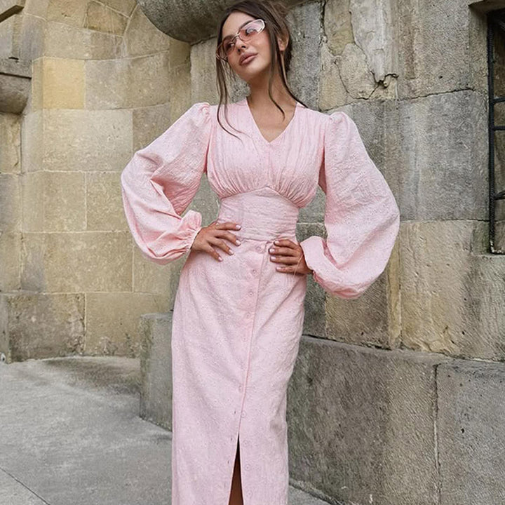 Ladies maxi dress with puff sleeves, fitted bodice and front button placket Amarae