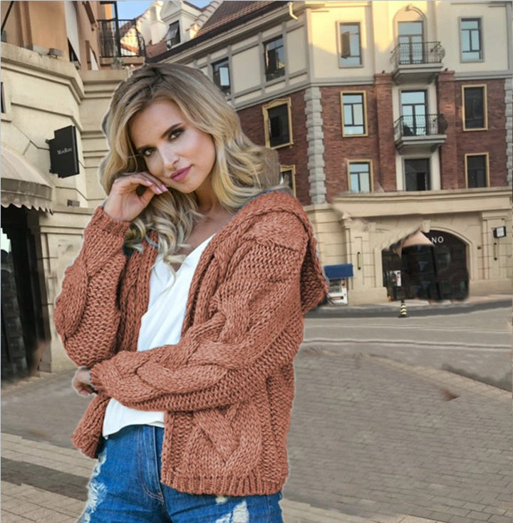 Women's knitted jacket with hood and modern braiding pattern Lune London