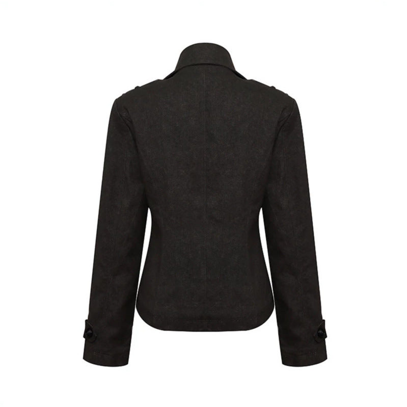 Women Short Double-Breasted Peacoat with Stand Collar and Waist Amarae