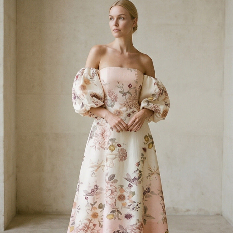 Women Elegant Off-Shoulder Evening Dress with Flared Skirt and Balloon Sleeves Amarae