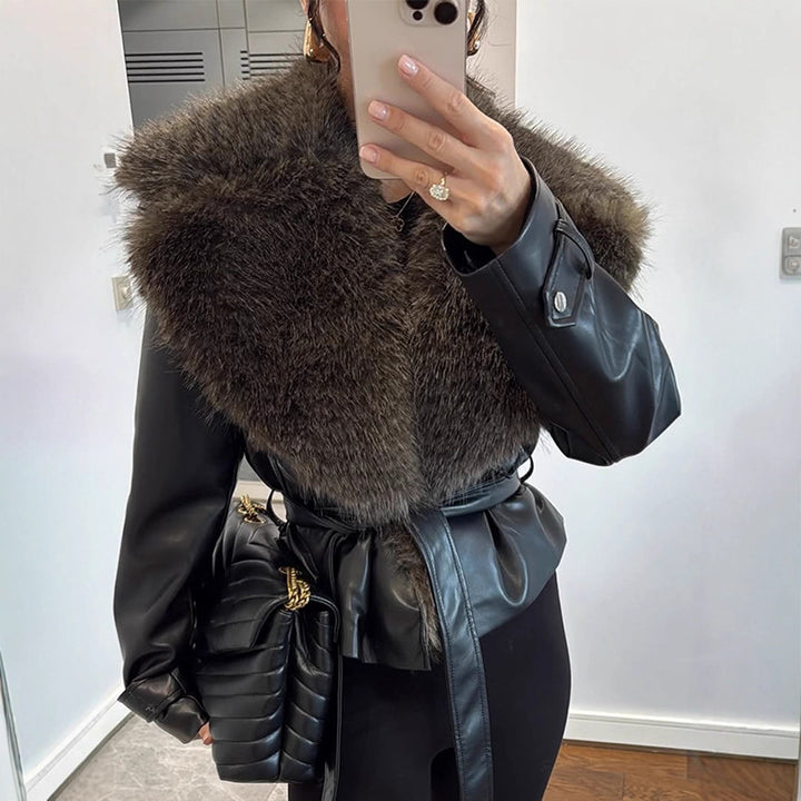 Women's tailored faux leather jacket with voluminous faux fur shawl collar and tie belt Amarae