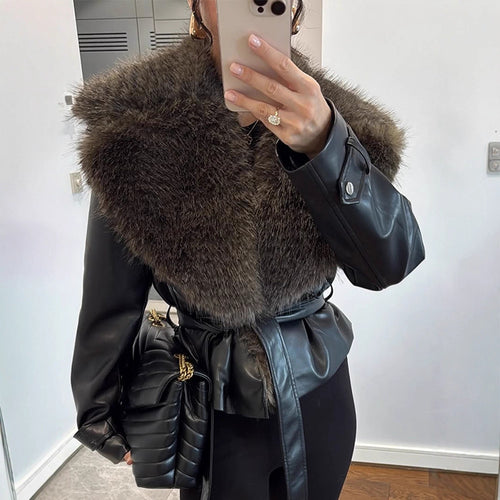 Women's tailored faux leather jacket with voluminous faux fur shawl collar and tie belt Amarae