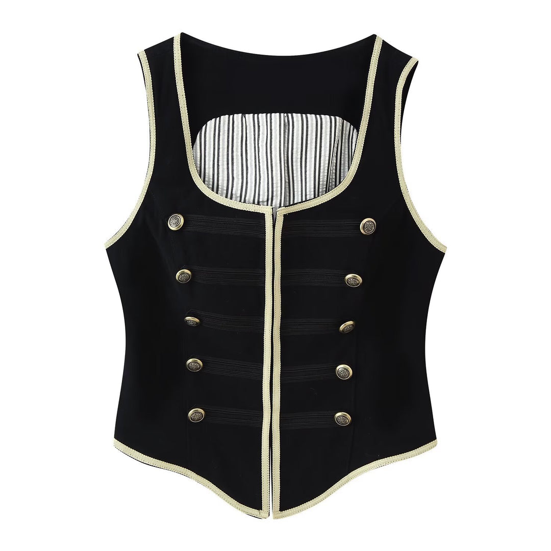 Women's Short Blazer with Stand Collar, Golden Cord Trim and Decorative Buttons Amarae