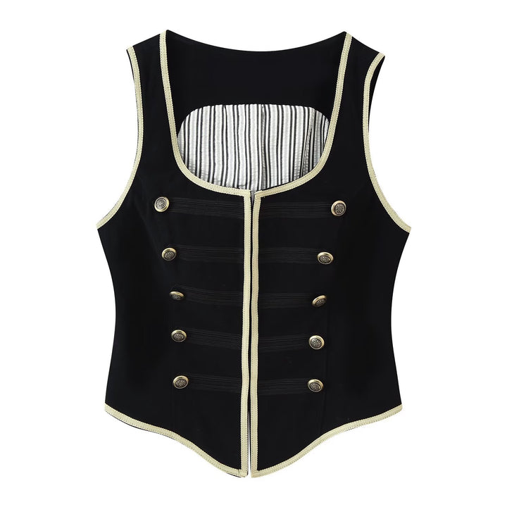 Women's Short Blazer with Stand Collar, Golden Cord Trim and Decorative Buttons Amarae