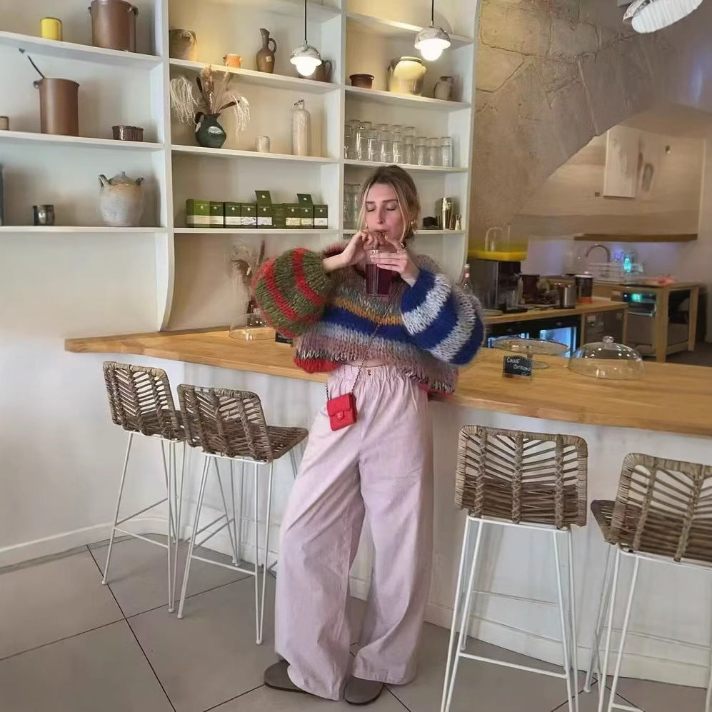 Women Oversize Knit Sweater in Mohair Look with Colorful Block Stripes Amarae