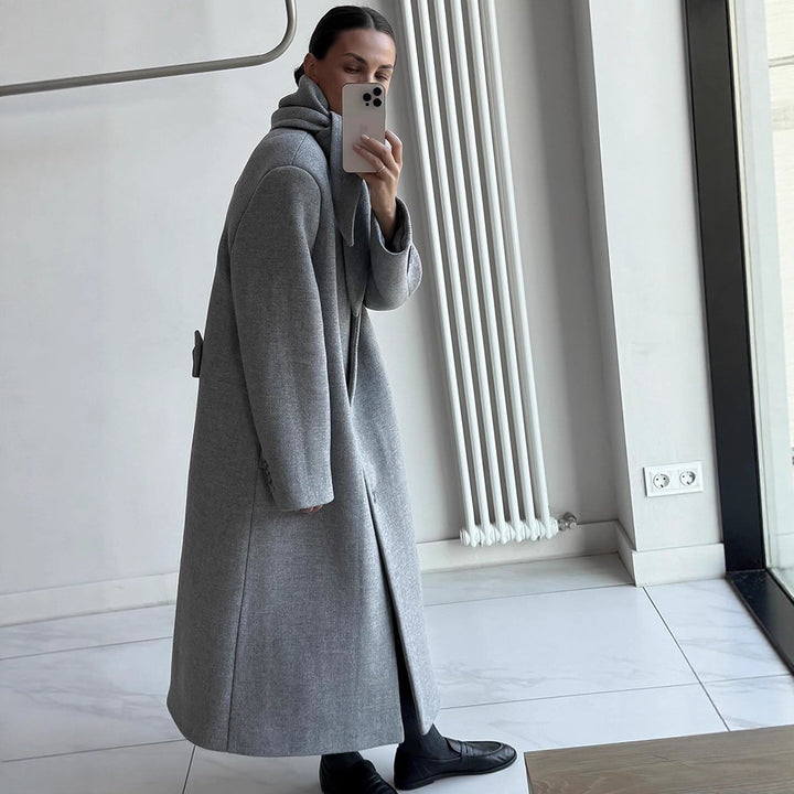 Women's Mid-length Wool Blend Coat with Integrated Loop Scarf Amarae