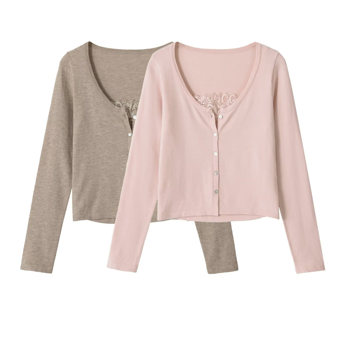Women's short cardigan made of fine knit with V-neck, button placket, and lace insert Amarae