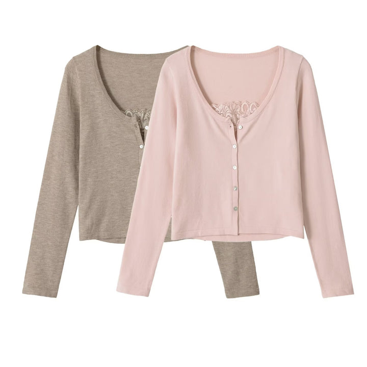 Women's short cardigan made of fine knit with V-neck, button placket, and lace insert Amarae