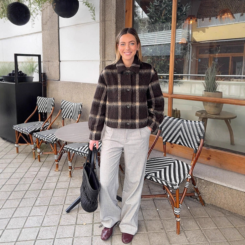 Women's short jacket in checked faux fur boxy cut with shawl collar Amarae