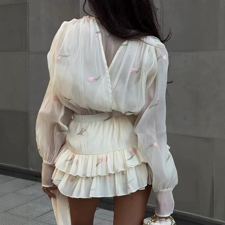 Ladies Two-Piece Chiffon Set with Embroidered Sheer Blouse and Ruffled Mini Skirt Amarae