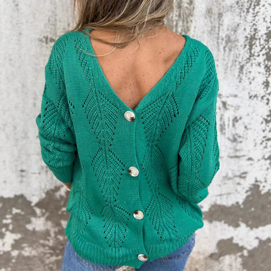Knitted jacket for women with V-neck and decorative buttons Lune London