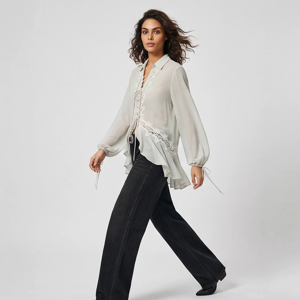 Women Transparent Chiffon Blouse with Lace Trim, Tie Band & Asymmetrical Ruffle Hem Amarae