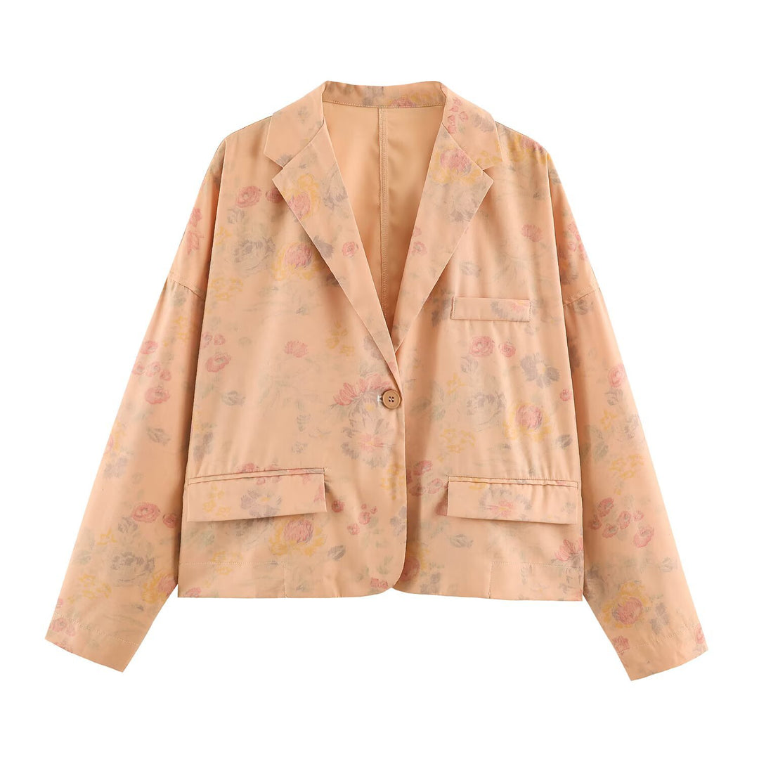Women's Lightweight Blazer with Floral Allover Print and Boxy Cropped Silhouette