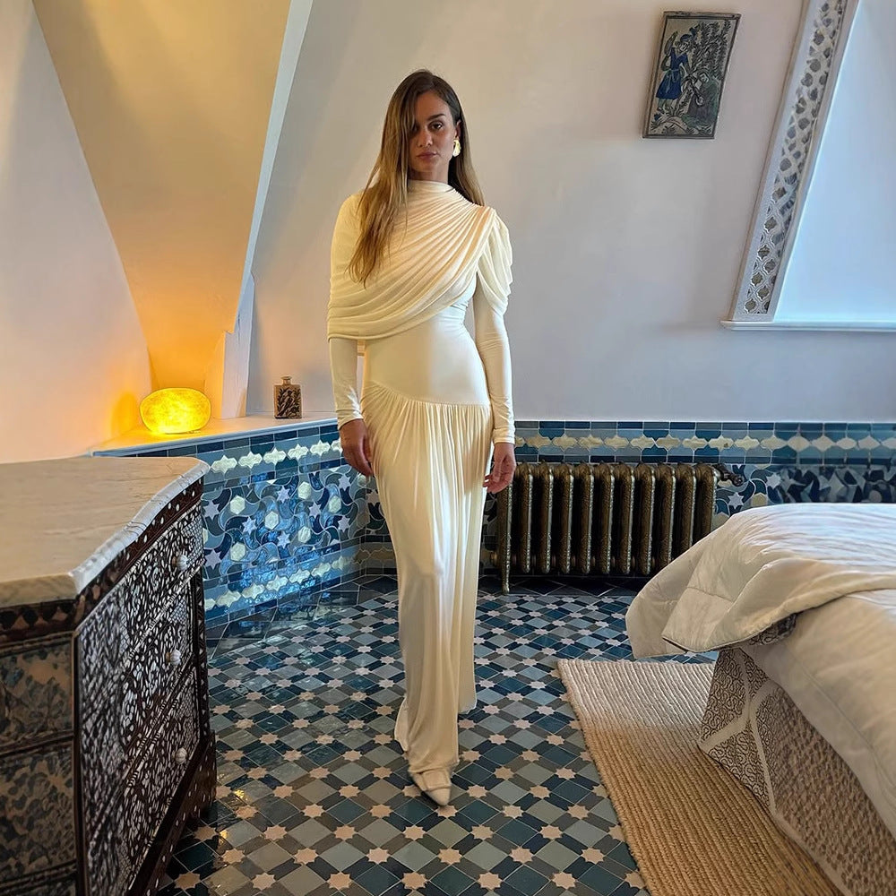Women Pleated Maxi Evening Dress with Draped Shoulders and Long Sleeves Amarae
