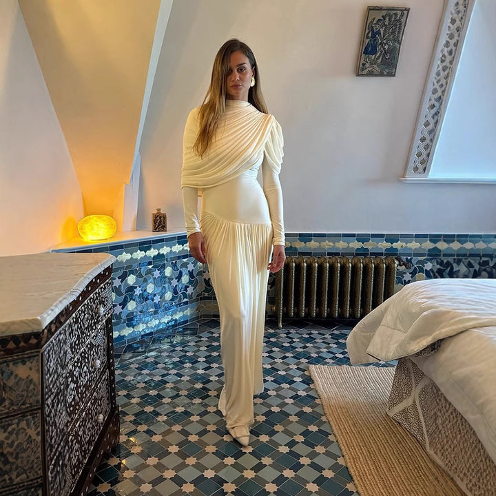 Women Pleated Maxi Evening Dress with Draped Shoulders and Long Sleeves Amarae