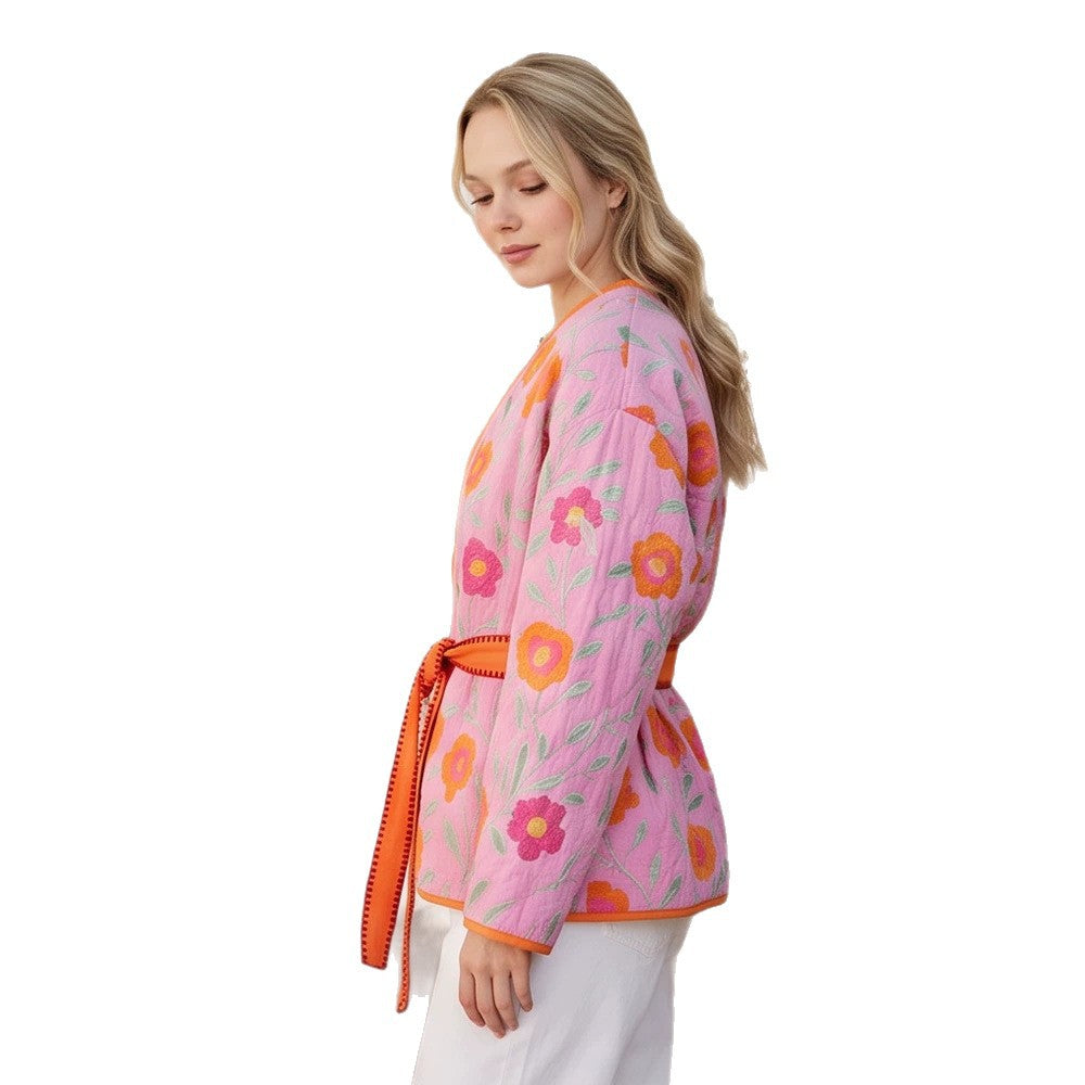 Women's Quilted Floral Kimono with Tie Belt Amarae