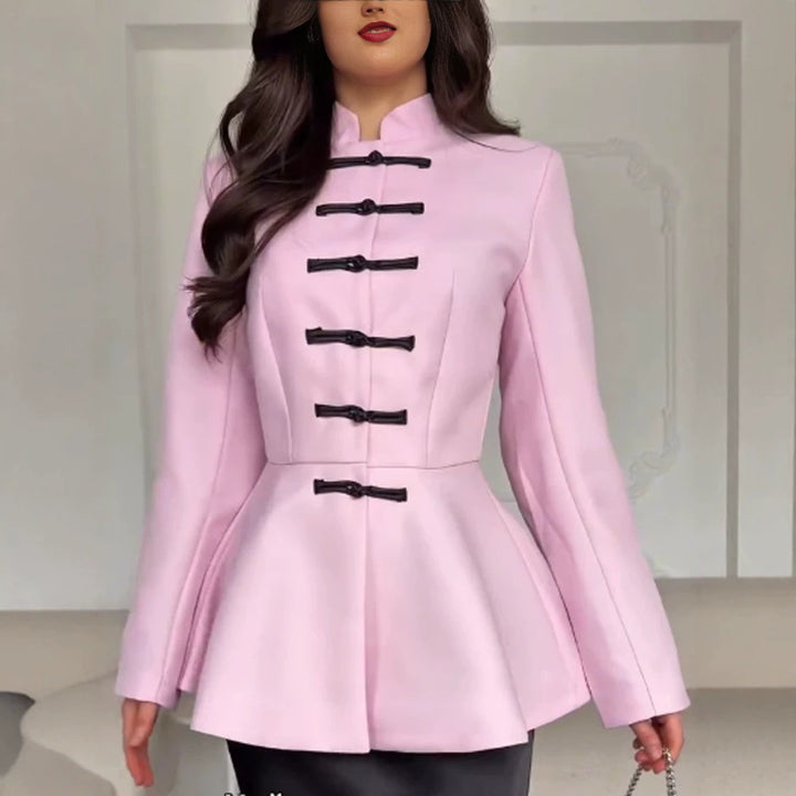 Women's Tailored Peplum Jacket with Stand Collar and Decorative Toggle Fasteners Amarae