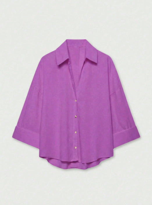 Women's Lightweight Oversized Linen Look Blouse with Three-Quarter Sleeves and Full Button Placket Amarae