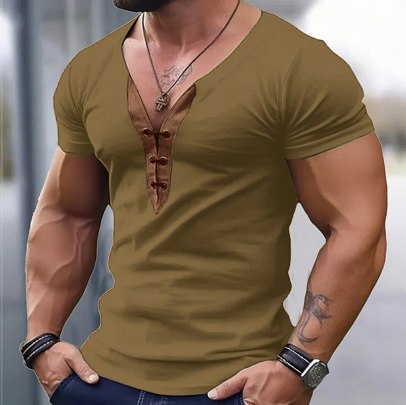 T-shirt tendance pour hommes à col en V avec boutonnière Lune London