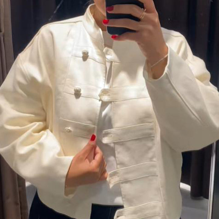 Women's Cropped Boxy Jacket with Chinese Stand Collar and Decorative Button Placket Amarae