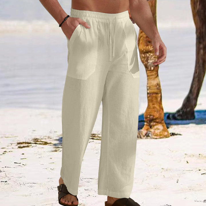 Men's linen cargo pants with elastic waist and practical side pockets Lune London