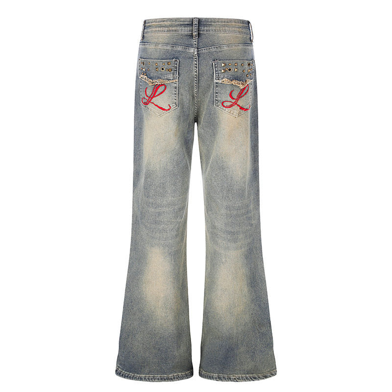 Women's Wide High-Waist Flared Jeans with Used Effect, Embroidered Back Pockets and Rivets Amarae