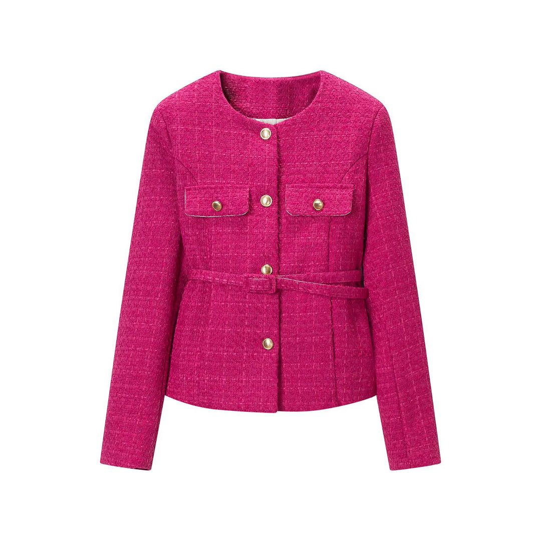 Women's Short Boucle Jacket with Waist Belt, Breast Flaps and Golden Decorative Buttons Amarae