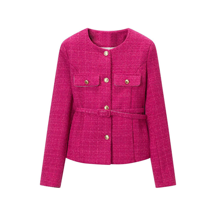 Women's Short Boucle Jacket with Waist Belt, Breast Flaps and Golden Decorative Buttons Amarae