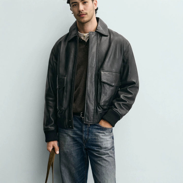 Men's smooth leather blouson in pilot style with shirt collar and patch flap pockets Amarae