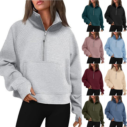 Ladies mid-zip plush pullover with hood and kangaroo pocket Amarae