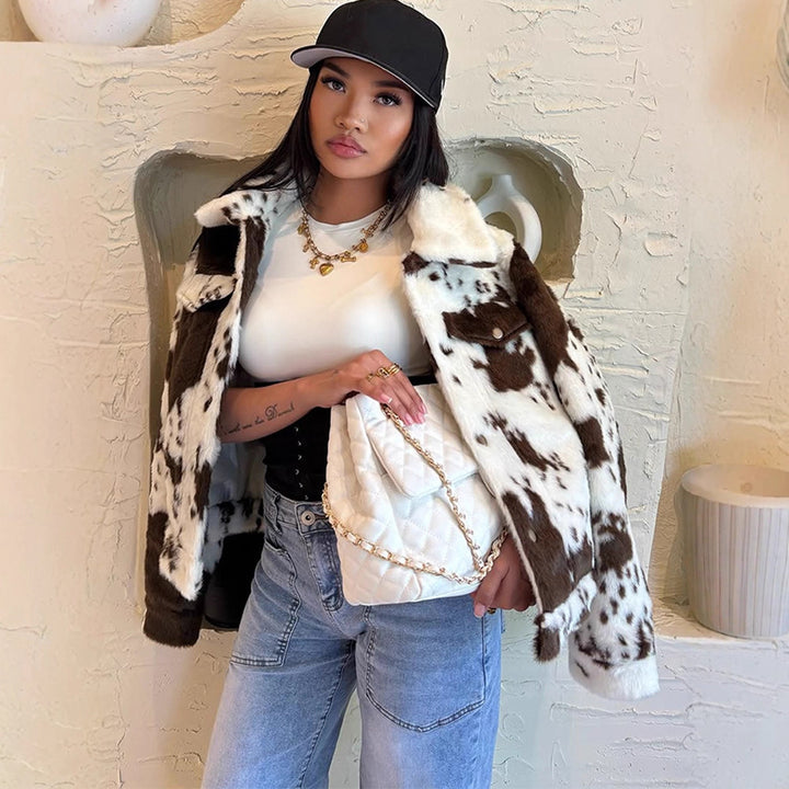 Women's short faux fur jacket in spotted pattern with shawl collar, wooden buttons & patch pockets Amarae